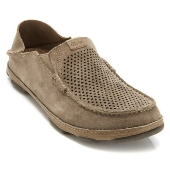 OluKai Moloa Kahana Light Brown Perforated Leather Slip On Loafers